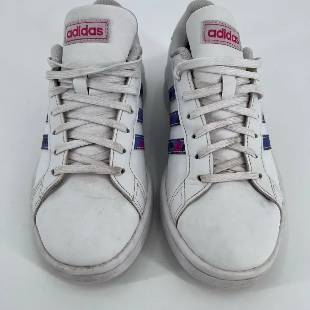 Adidas Grand Court Sneakers Womens 6.5‎ White Floral Print Low Top Tennis Shoes